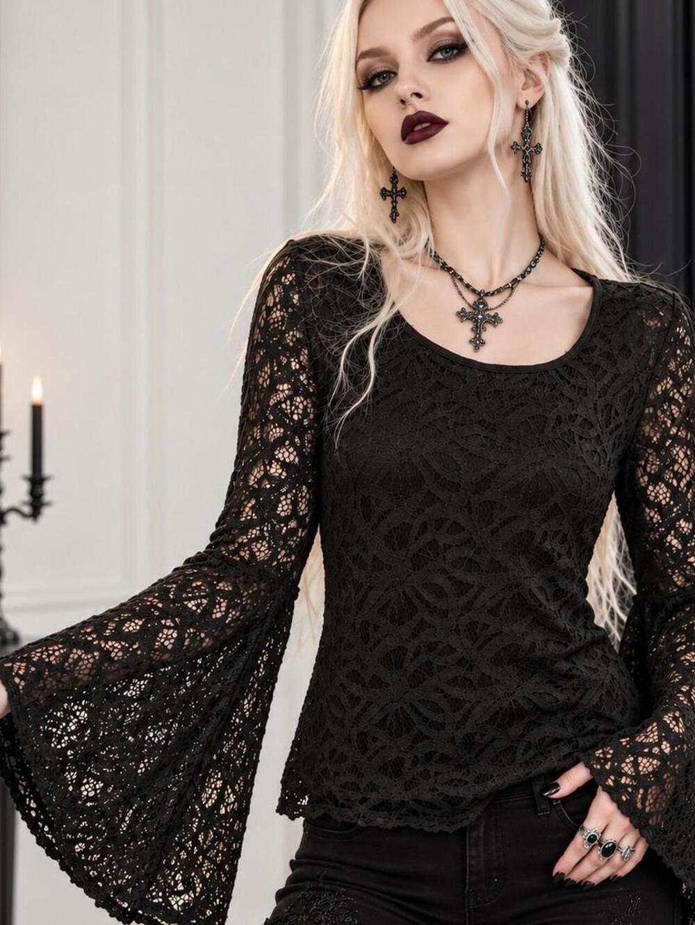 Calvin Klein Black Lace Bell Sleeve Top Blouse Gothic Romantic M